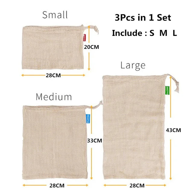 3Pcs Durable Cotton Mesh String Bag Set